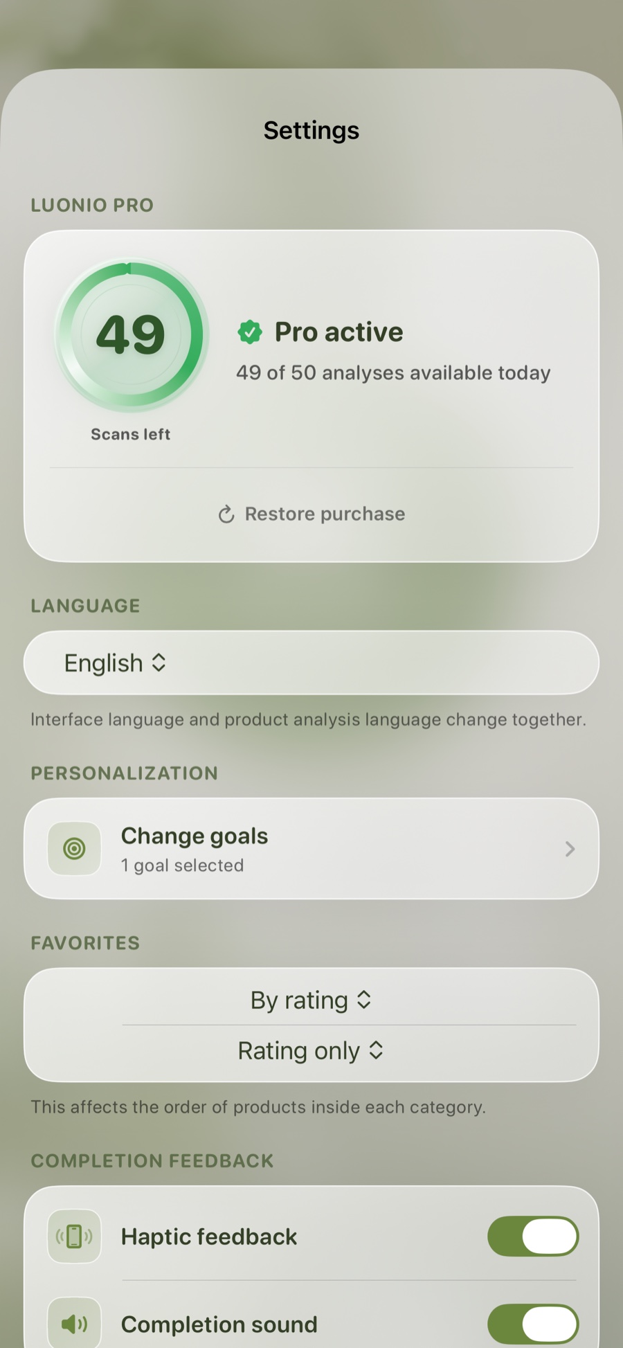 Luonio settings and personalization screen